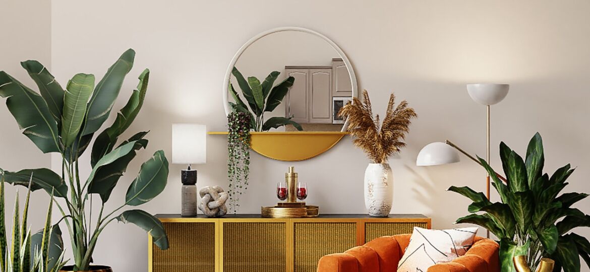 orange-chair-living-room-with-plants